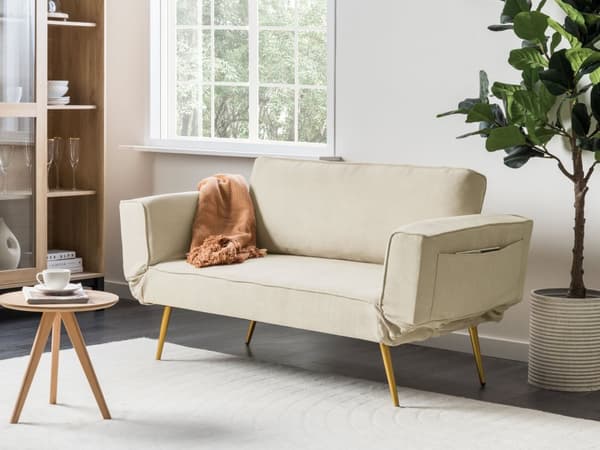 Sovesofa i Stoff Beige Justerbare Armlener Stue Gjesteseng Retro
