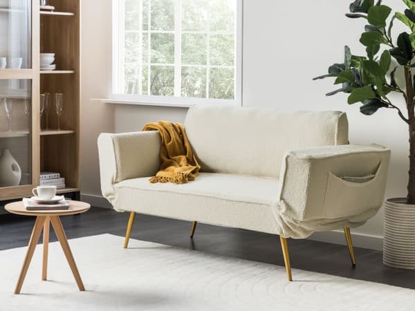 Vuodesohva luonnonvalkoinen buklee 187 x 82 x 75 cm säädettävät käsinojat 2 istuttava moderni glamour tyyli