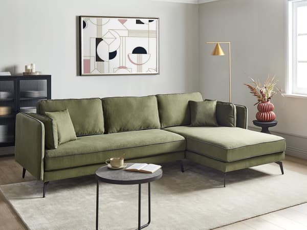 Hjørnesofa med Chaiselong Grøn Polyester 3 Personers Sofa L Formet Dyb Sofahjørne Siddemøbel Blød Stofsofa Venstrevendt