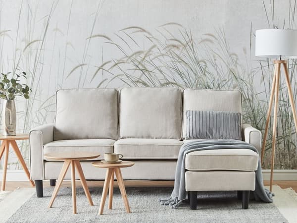 Sofa med fotskammel Off-white Stoff Polyester 3-seter Klassisk stil Svarte ben Stue