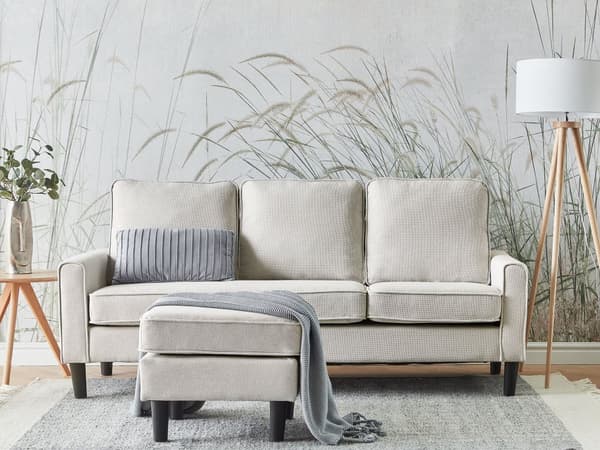 Sofa med fotskammel Off-white Stoff Polyester 3-seter Klassisk stil Svarte ben Stue