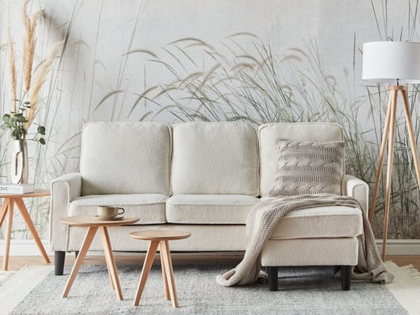 Sofa med fotskammel Hvit Stoff Bouclé 3-seter Klassisk og moderne stil Svarte ben Stue