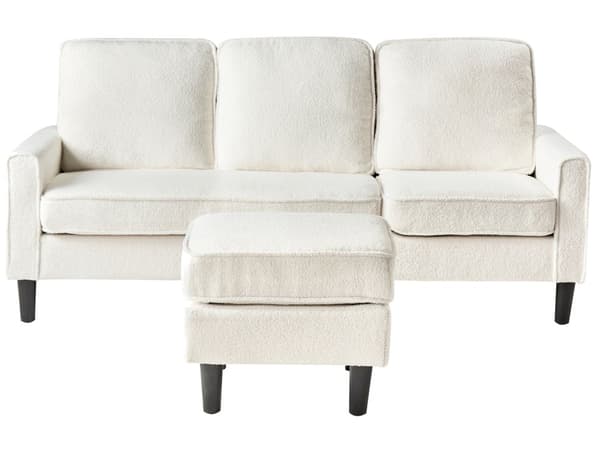 Sofa med fotskammel Hvit Stoff Bouclé 3-seter Klassisk og moderne stil Svarte ben Stue