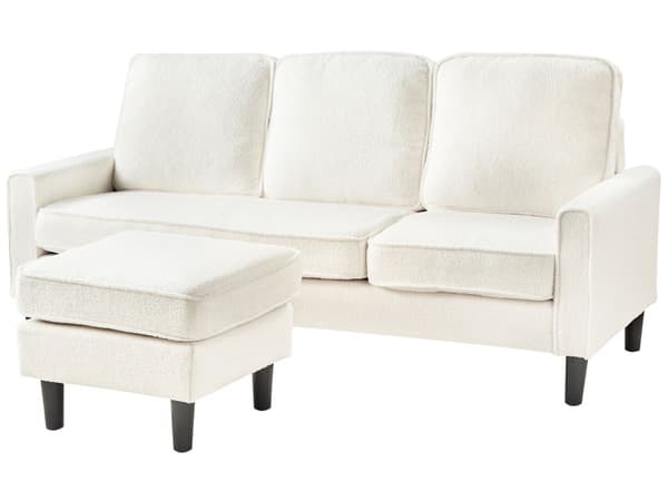 Sofa med fotskammel Hvit Stoff Bouclé 3-seter Klassisk og moderne stil Svarte ben Stue
