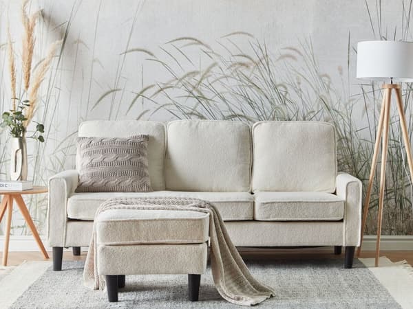 Sofa med fotskammel Hvit Stoff Bouclé 3-seter Klassisk og moderne stil Svarte ben Stue