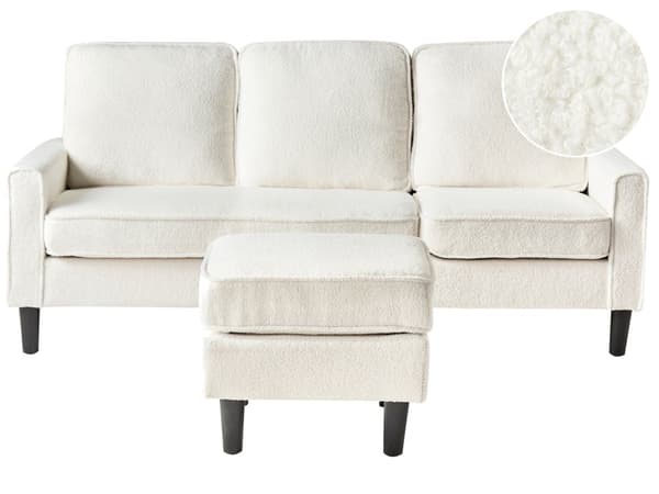 Sofa med fotskammel Hvit Stoff Bouclé 3-seter Klassisk og moderne stil Svarte ben Stue