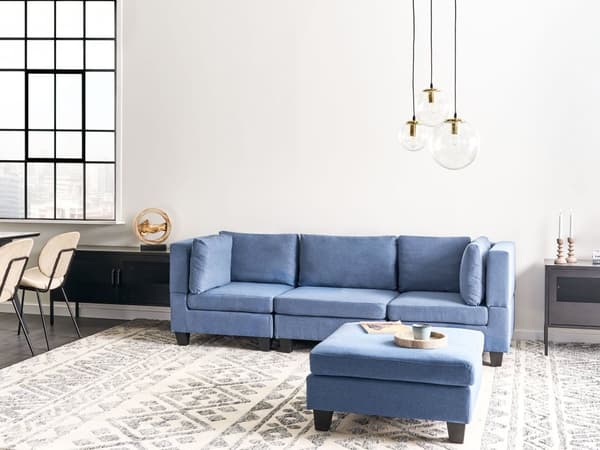 Modulsofa Blå 3 Personers Designer Blød Klassisk Sofa med Fodskammel Høj Ryg Moderne Stue Indretning Høj Kvalitet Stofsofa