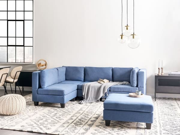 Hjørnesofa Blå Polyester 4 Personers Sofa L Formet Dyb Sofahjørne Siddemøbel Blød Stofsofa med Fodskammel Højrevendt Modulsofa