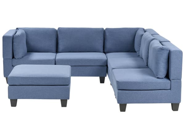 Modulsofa med fotskammel Blå Stoff 5-seter Venstrevendt Ryggputer Svarte ben L-formet Moderne og minimalistisk stil Stue Hjørnesofa
