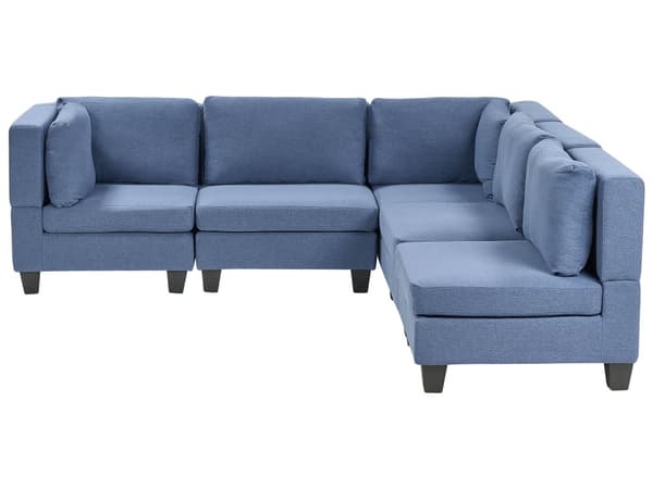 Modulsofa Blå Stoff 5-seter Venstrevendt Ryggputer Svarte ben L-formet Moderne og minimalistisk stil Stue Hjørnesofa