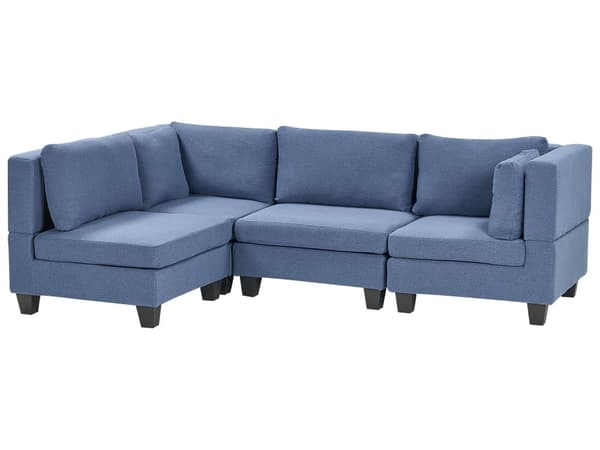 Modulsofa Blå Stoff 4-seter Høyrevendt Ryggputer Svarte ben L-formet Moderne og minimalistisk stil Stue Hjørnesofa