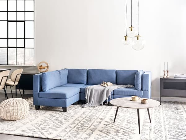 Modulsofa Blå Stoff 4-seter Høyrevendt Ryggputer Svarte ben L-formet Moderne og minimalistisk stil Stue Hjørnesofa