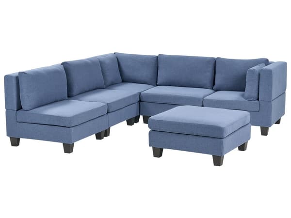 Modulsofa med fotskammel Blå Stoff 5-seter Høyrevendt Ryggputer Svarte ben L-formet Moderne og minimalistisk stil Stue Hjørnesofa
