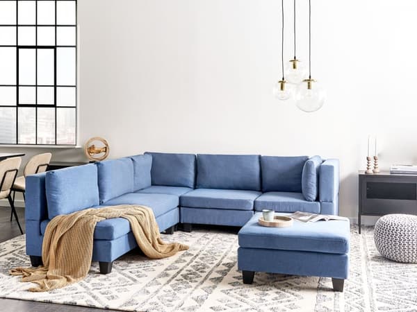 Modulsofa med fotskammel Blå Stoff 5-seter Høyrevendt Ryggputer Svarte ben L-formet Moderne og minimalistisk stil Stue Hjørnesofa