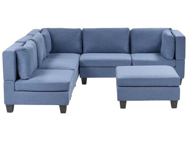 Modulsofa med fotskammel Blå Stoff 5-seter Høyrevendt Ryggputer Svarte ben L-formet Moderne og minimalistisk stil Stue Hjørnesofa