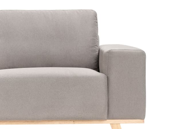 Beige grå polyesterpolstret hjørnesofa lyse træben ryglæn med hynder venstre side