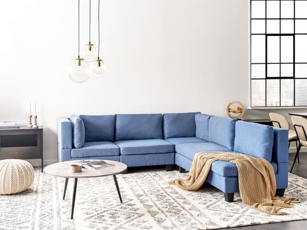 Modulär Soffa Vänster Blå Tyg Klädd 5-sits Vadderat Ryggstöd Modern Vardagsrum Soffa