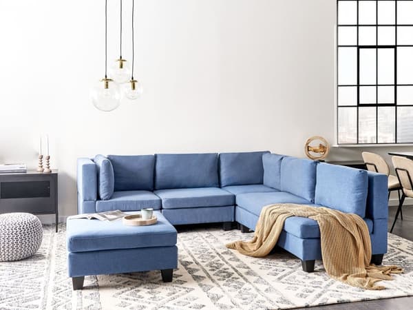 Modulär Soffa med Fotpall Vänster Blå Tyg Klädd 5-sits Vadderat Ryggstöd Modern Vardagsrum Soffa