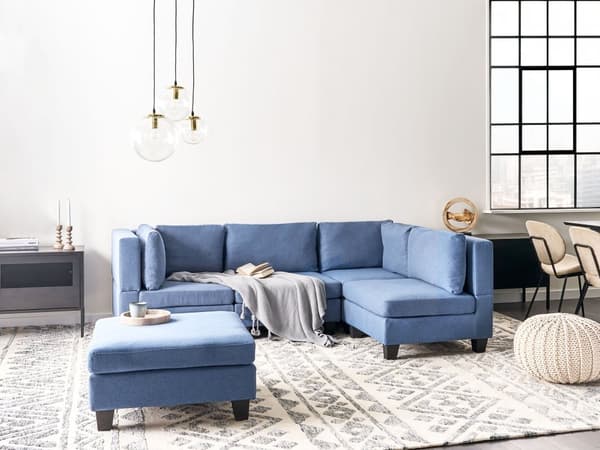 Modulär Soffa med Fotpall Vänster Blå Tyg Klädd 4-sits Vadderat Ryggstöd Modern Vardagsrum Soffa