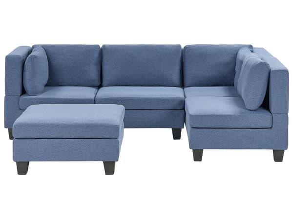 Modulär Soffa med Fotpall Vänster Blå Tyg Klädd 4-sits Vadderat Ryggstöd Modern Vardagsrum Soffa