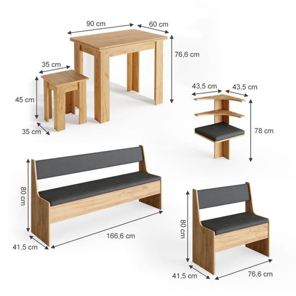 Vicco Roman hörnbänksgrupp, Gyllene ek, 210 x 41,5 cm med bord