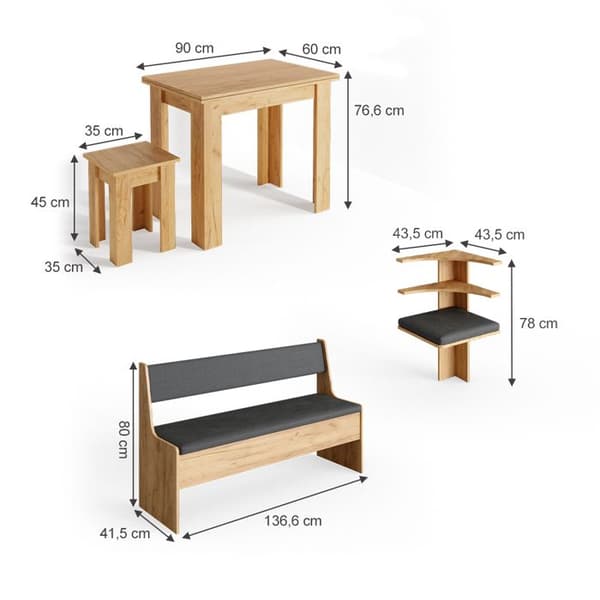 Vicco Roman hörnbänksgrupp, Gyllene ek, 180 x 41,5 cm med bord