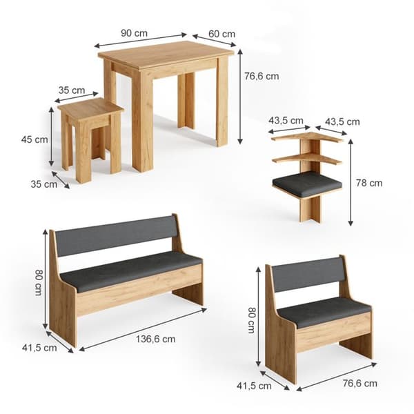 Vicco Roman hörnbänksgrupp, Gyllene ek, 180 x 41,5 cm med bord