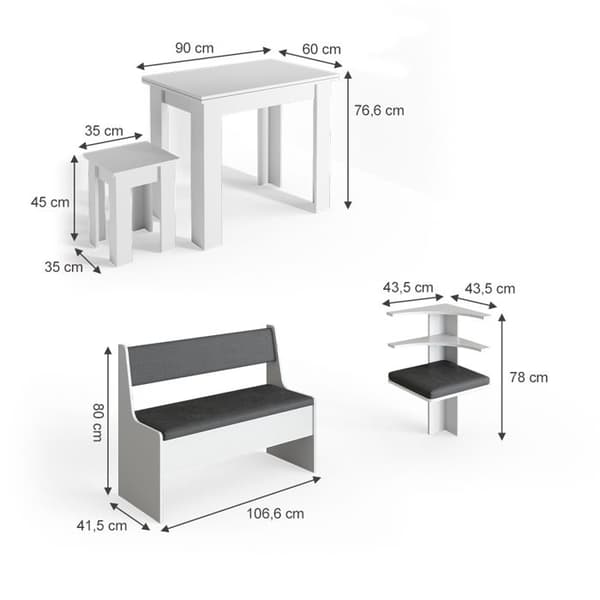 Vicco Roman hörnbänksgrupp, Vit, 150 x 41,5 cm med bord