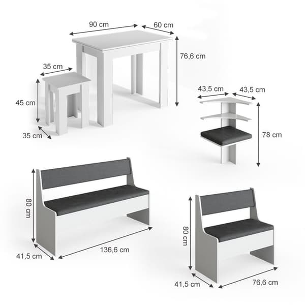 Vicco Roman hörnbänksgrupp, Vit, 180 x 41,5 cm med bord