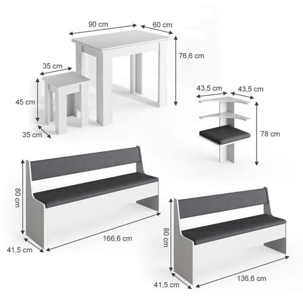 Vicco Roman hörnbänksgrupp, Vit, 210 x 41,5 cm med bord