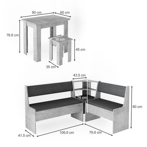 Vicco Roman hörnbänksgrupp, Betong, 150 x 41,5 cm med bord
