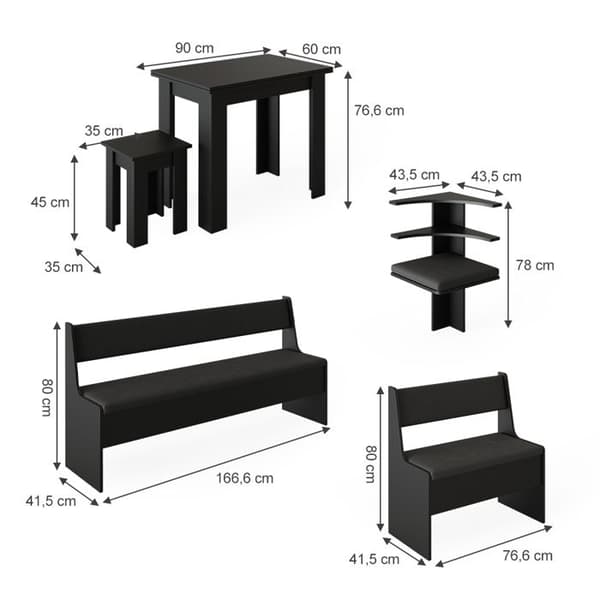 Roman hörnbänkgrupp, 120 x 41,5 cm med bord, Svart, Vicco