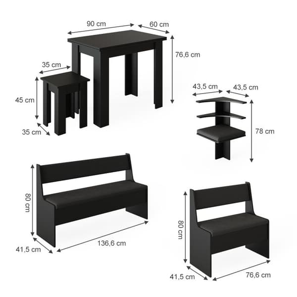 Roman hörnbänkgrupp, 120 x 41,5 cm med bord, Svart, Vicco