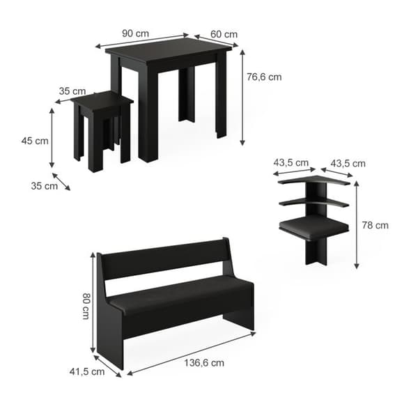Roman hörnbänkgrupp, 180 x 41,5 cm med bord, Svart, Vicco