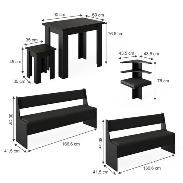 Roman hörnbänkgrupp, 180 x 41,5 cm med bord, Svart, Vicco