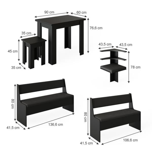 Roman hörnbänkgrupp, 150 x 41,5 cm med bord, Svart, Vicco