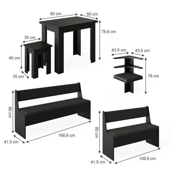 Roman hörnbänkgrupp, 150 x 41,5 cm med bord, Svart, Vicco
