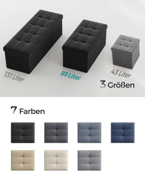 Rootz 1 -säilytys ottomaani - Istuinarkku - Suuri jakkara - MDF ja vaahtomuovi - Pellavajäljitelmä - 38 cm x 76 cm x 38 cm - Musta - 5,6 kg - 300 kg K