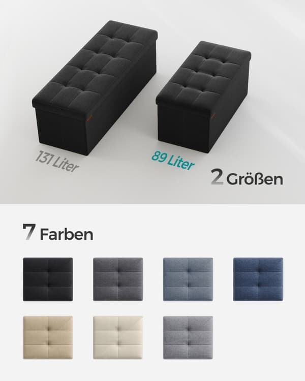 Rootz 1 -säilytys ottomaani - Istuinarkku - Suuri jakkara - MDF ja vaahtomuovi - Pellavajäljitelmä - 38 cm x 76 cm x 38 cm - Musta - 5,6 kg - 300 kg K