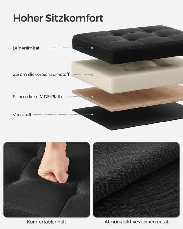 Rootz Black Seat Kiste - Ottoman - Opbevaringsboks - Imiteret linned - MDF - Skum - 31cm x 41cm x 31cm