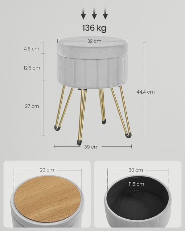 Rootz Dove Grey Velvet Pall - Rund Ottoman - Puff - 25D skum - MDF - Stål - 39cm x 44,4cm - Lättvikt 3,3kg - 136kg Kapacitet