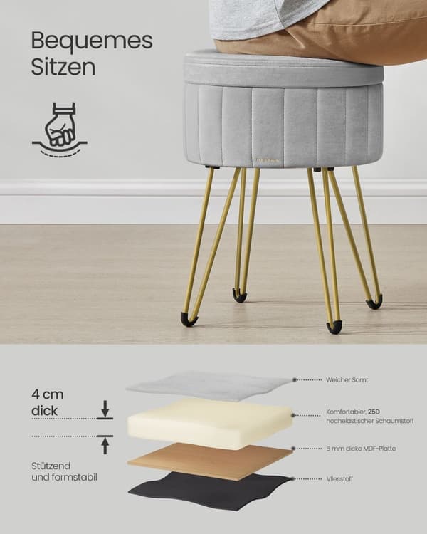 Rootz Dove Grey Velvet Pall - Rund Ottoman - Puff - 25D skum - MDF - Stål - 39cm x 44,4cm - Lättvikt 3,3kg - 136kg Kapacitet