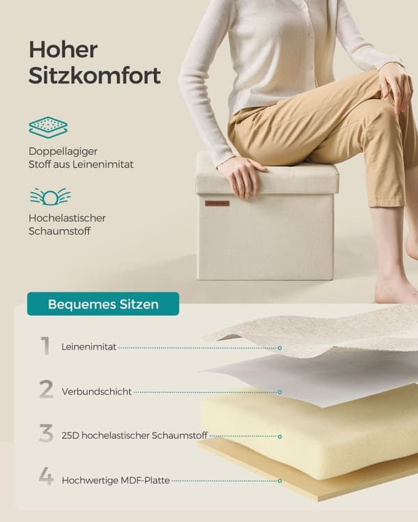 Rootz Cream White Istuinarkku - Säilytyslaatikko - Ottomaanien - MDF - Pellava - Korkean kimmoisuuden vaahtomuovi - 31cm x 41cm x 31cm