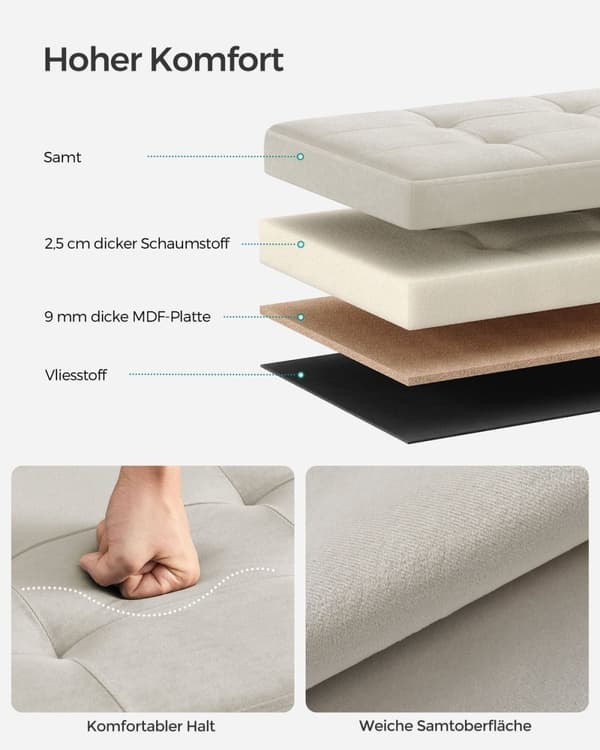 Rootz Cream White Istuinrinta - Säilytys ottomaanit - Pehmustettu penkki - MDF Velvet Foam - 38cm x 76cm x 38cm - 5,6kg - 300kg Kapasiteetti