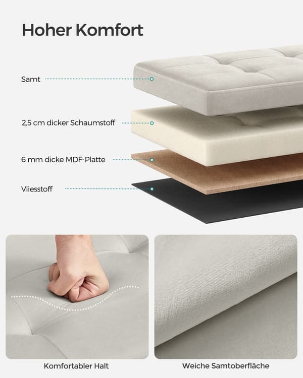 Rootz Velvet Seat Chest - Creme Ottoman - Opbevaringsskammel - MDF & skumpolstret - 38 cm x 38 cm x 38 cm - 2,5 kg Vægt - 300 kg Kapacitet