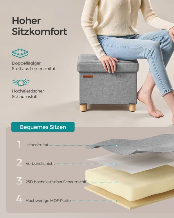 Rootz sæde kisteopbevaring Ottoman - Duegrå - MDF - Imiteret linned - 25D skum - 32 cm x 40 cm x 33,5 cm - 32L Kapacitet