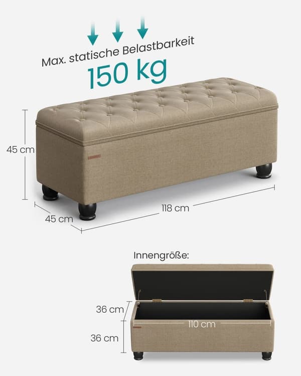 Rootz Storage Ottomaanien penkki - Camel Brown - Jalkatuki - Tavaratila - MDF ja vaahtomuovi - 45cm x 118cm x 45cm - Kapasiteetti 150kg