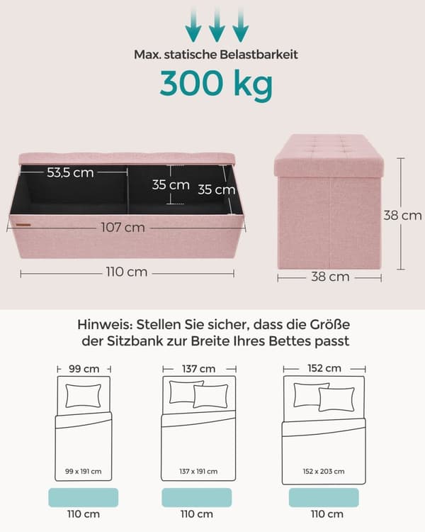 Rootz Pink osmannisk opbevaringsbænk - MDF polstret sæde - hørfinish - Høj modstandsdygtig skum - 38 cm x 110 cm x 38 cm - 300 kg Kapacitet