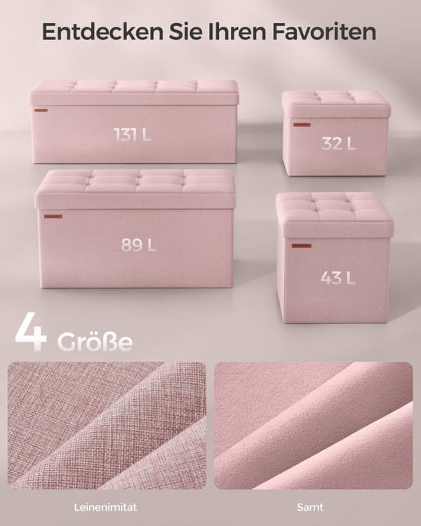 Rootz Pink osmannisk opbevaringsbænk - MDF polstret sæde - hørfinish - Høj modstandsdygtig skum - 38 cm x 110 cm x 38 cm - 300 kg Kapacitet