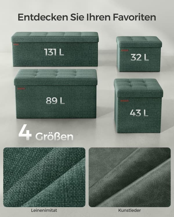 Rootz Vintage Green Storage Ottoman - Jalkatuki jakkara - Ottomaanien penkki - MDF - Pellava - Erittäin kestävä vaahto - 31 cm x 41 cm x 31 cm